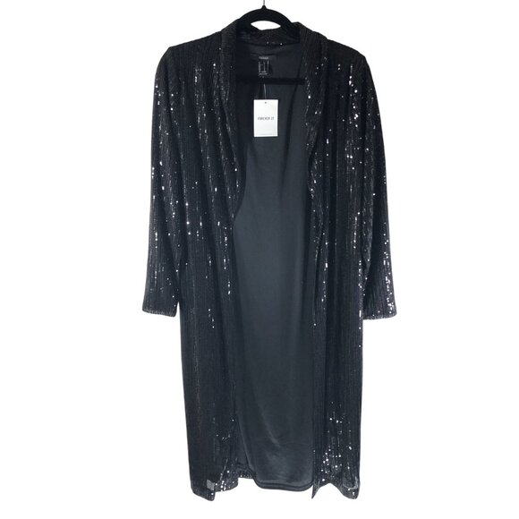 Forever 21 Cardigan Duster Long Open Front Sequin Black S - Picture 1 of 3